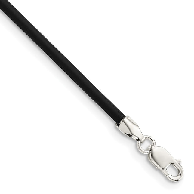Sterling Silver Black Rubber Cord Necklace, 16 x 2mm