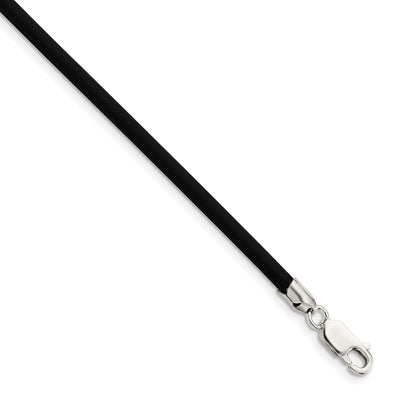 Sterling Silver Black Rubber Cord Necklace, 16 x 3mm