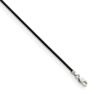 Sterling Silver Black Leather Cord Necklace, 16 x 1.5mm