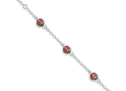 Sterling Silver Multi-color Enamel Ladybugs w/ 1in ext. Children's Bracelet