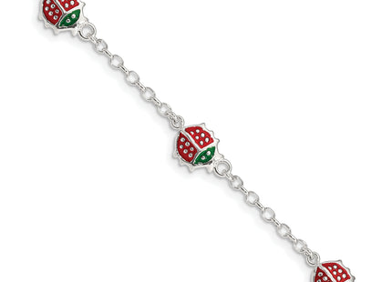 Sterling Silver Multi-color Enamel Ladybugs w/ 1in ext. Children's Bracelet