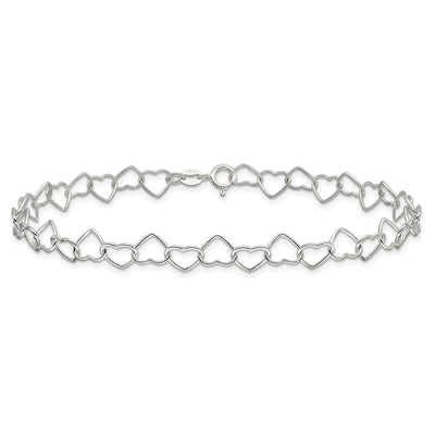 Sterling Silver Fancy Heart Link 9in. Anklet, 9 x 7mm