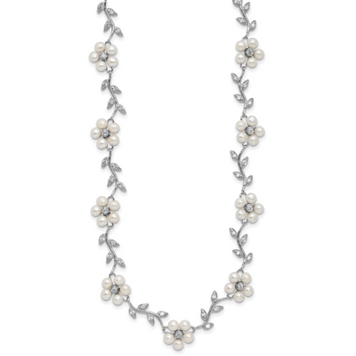 Sterling Silver Rhodium-plated CZ Vine Pattern and Fresheater Cultured Pearl Floral Bracelet
