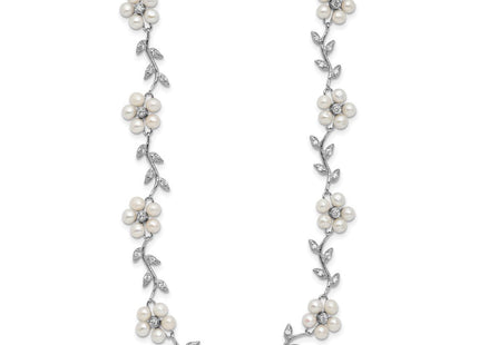 Sterling Silver Rhodium-plated CZ Vine Pattern and Fresheater Cultured Pearl Floral Necklace (Style QG1805-16)