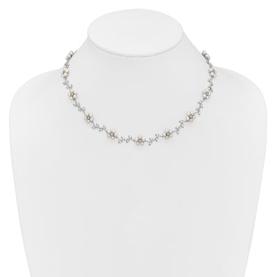 Sterling Silver Rhodium-plated CZ Vine Pattern and Fresheater Cultured Pearl Floral Necklace