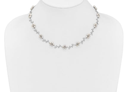 Sterling Silver Rhodium-plated CZ Vine Pattern and Fresheater Cultured Pearl Floral Necklace (Style QG1805-16)
