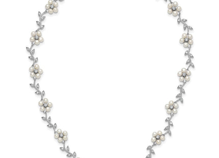 Sterling Silver Rhodium-plated CZ Vine Pattern and Fresheater Cultured Pearl Floral Necklace (Style QG1805-16)