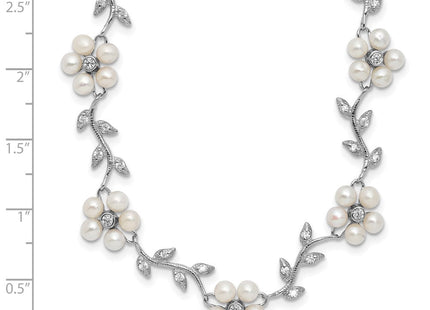 Sterling Silver Rhodium-plated CZ Vine Pattern and Fresheater Cultured Pearl Floral Necklace (Style QG1805-16)