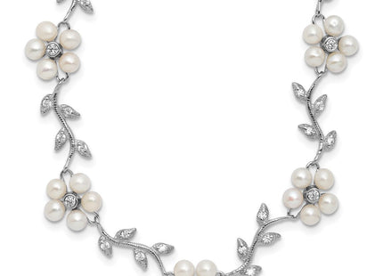 Sterling Silver Rhodium-plated CZ Vine Pattern and Fresheater Cultured Pearl Floral Necklace (Style QG1805-16)