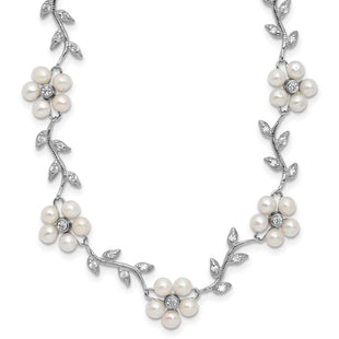 Sterling Silver Rhodium-plated CZ Vine Pattern and Fresheater Cultured Pearl Floral Necklace (Style QG1805-16)