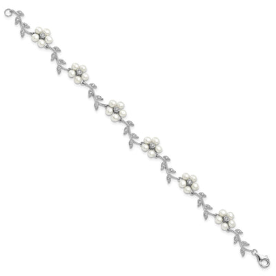Sterling Silver Rhodium-plated CZ Vine Pattern and Fresheater Cultured Pearl Floral Bracelet