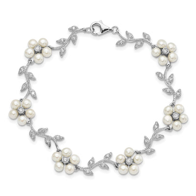Sterling Silver Rhodium-plated CZ Vine Pattern and Fresheater Cultured Pearl Floral Bracelet