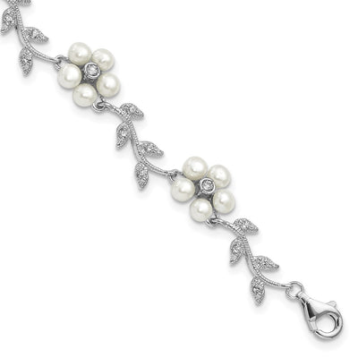 Sterling Silver Rhodium-plated CZ Vine Pattern and Fresheater Cultured Pearl Floral Bracelet