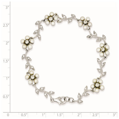 Sterling Silver Rhodium-plated CZ Vine Pattern and Fresheater Cultured Pearl Floral Necklace