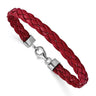 Sterling Silver Rhodium Plated Red Braided Leather Bracelet