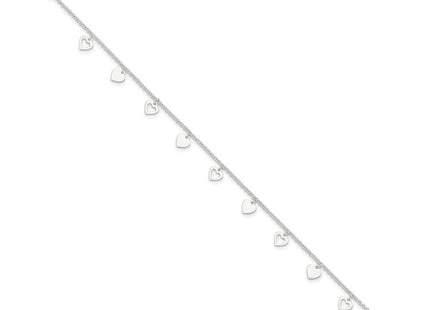 Sterling Silver Polished Hearts 10in Plus 1in ext. Anklet