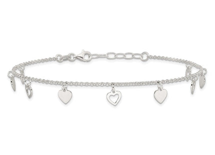 Sterling Silver Polished Hearts 10in Plus 1in ext. Anklet