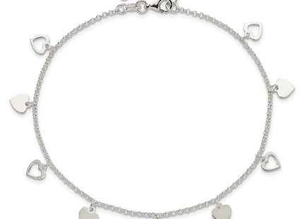 Sterling Silver Polished Hearts 10in Plus 1in ext. Anklet