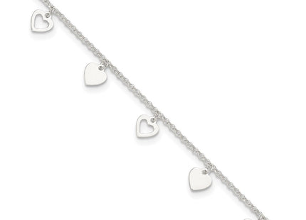 Sterling Silver Polished Hearts 10in Plus 1in ext. Anklet