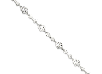 Sterling Silver Dog Bones and Paws Bracelet (Style QG2416-7.5)