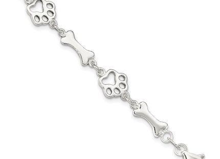 Sterling Silver Dog Bones and Paws Bracelet (Style QG2416-7.5)