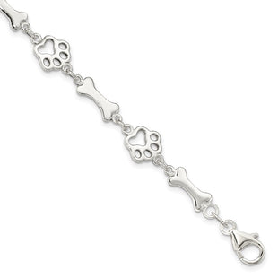 Sterling Silver Dog Bones and Paws Bracelet (Style QG2416-7.5)