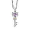 Brilliant Gemstones Sterling Silver with 14K Accent Rhodium-plated Amethyst and Diamond Key Necklace with Extender