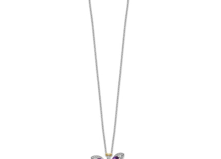 Brilliant Gemstones Sterling Silver with 14K Accent Rhodium-plated Amethyst and Iolite and Diamond Dragonfly Necklace with Extender (Style QG2711-17)