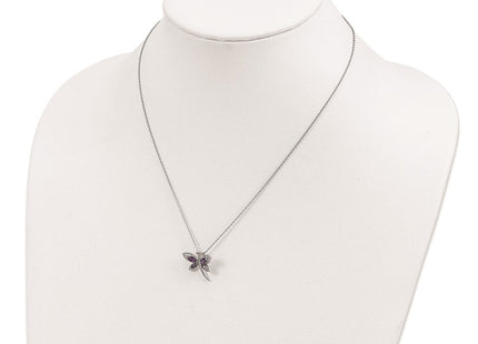 Brilliant Gemstones Sterling Silver with 14K Accent Rhodium-plated Amethyst and Iolite and Diamond Dragonfly Necklace with Extender (Style QG2711-17)