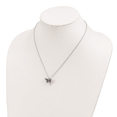 Brilliant Gemstones Sterling Silver with 14K Accent Rhodium-plated Amethyst and Iolite and Diamond Dragonfly Necklace with Extender, 20 x 21mm