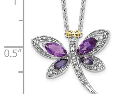 Brilliant Gemstones Sterling Silver with 14K Accent Rhodium-plated Amethyst and Iolite and Diamond Dragonfly Necklace with Extender (Style QG2711-17)