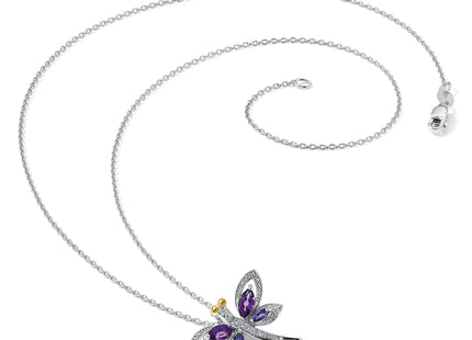 Brilliant Gemstones Sterling Silver with 14K Accent Rhodium-plated Amethyst and Iolite and Diamond Dragonfly Necklace wi