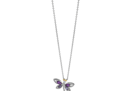 Brilliant Gemstones Sterling Silver with 14K Accent Rhodium-plated Amethyst and Iolite and Diamond Dragonfly Necklace wi