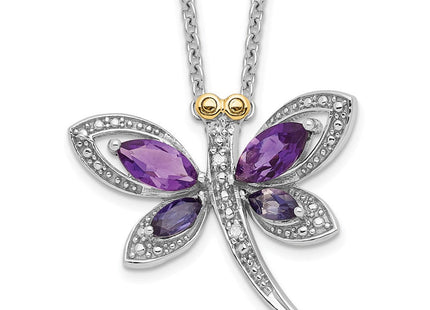 Brilliant Gemstones Sterling Silver with 14K Accent Rhodium-plated Amethyst and Iolite and Diamond Dragonfly Necklace with Extender (Style QG2711-17)