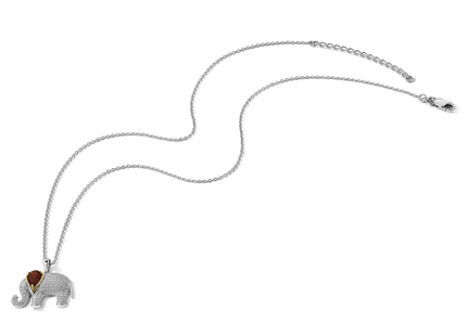 Brilliant Gemstones Sterling Silver with 14K Accent Rhodium-plated Garnet and Diamond Elephant Necklace with Extender