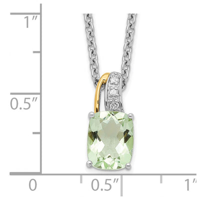 Brilliant Gemstones Sterling Silver with 14K Accent Rhodium-plated Green Quartz and Diamond Necklace with Extender, 20 x 7mm