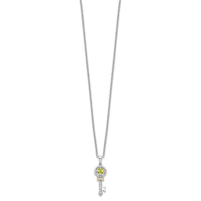 Brilliant Gemstones Sterling Silver with 14K Accent Rhodium-plated Peridot and Diamond Key Necklace with Extender