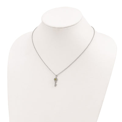 Brilliant Gemstones Sterling Silver with 14K Accent Rhodium-plated Peridot and Diamond Key Necklace with Extender