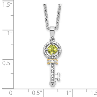 Brilliant Gemstones Sterling Silver with 14K Accent Rhodium-plated Peridot and Diamond Key Necklace with Extender