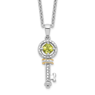 Brilliant Gemstones Sterling Silver with 14K Accent Rhodium-plated Peridot and Diamond Key Necklace with Extender
