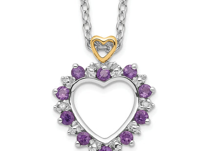 Brilliant Gemstones Sterling Silver with 14K Accent Rhodium-plated Amethyst and Diamond Necklace with Extender, 20 x 14m