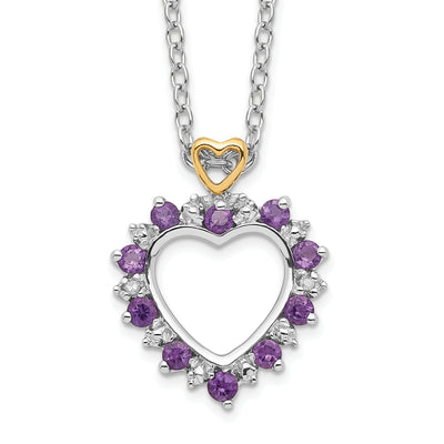 Brilliant Gemstones Sterling Silver with 14K Accent Rhodium-plated Amethyst and Diamond Necklace with Extender, 20 x 14mm
