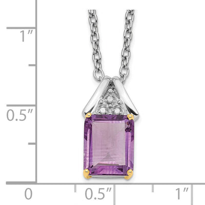 Brilliant Gemstones Sterling Silver with 14K Accent Rhodium-plated Amethyst and Diamond Necklace with Extender, 20 x 9mm