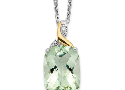 Brilliant Gemstones Sterling Silver with 14K Accent Rhodium-plated Green Quartz and Diamond Necklace with Extender (Style QG2730-18)