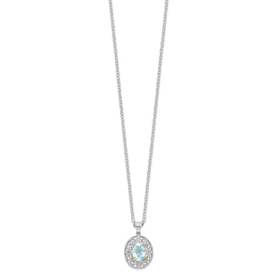 Brilliant Gemstones Sterling Silver with 14K Accent Rhodium-plated Sky Blue Topaz and Diamond Necklace with Extender, 20 x 13mm