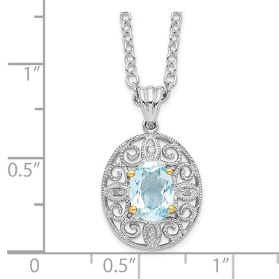 Brilliant Gemstones Sterling Silver with 14K Accent Rhodium-plated Sky Blue Topaz and Diamond Necklace with Extender, 20 x 13mm