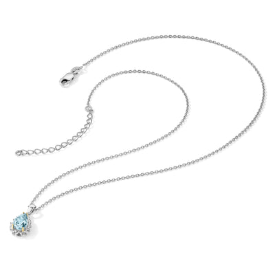 Brilliant Gemstones Sterling Silver with 14K Accent Rhodium-plated Sky Blue Topaz and Diamond Necklace with Extender, 20 x 10mm
