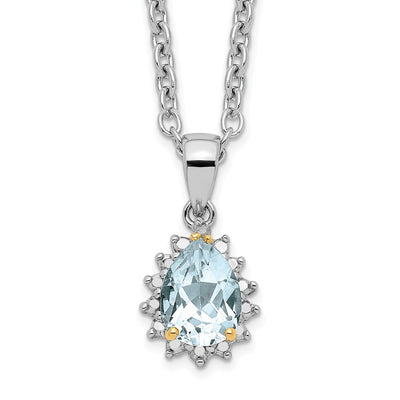 Brilliant Gemstones Sterling Silver with 14K Accent Rhodium-plated Sky Blue Topaz and Diamond Necklace with Extender, 20 x 10mm