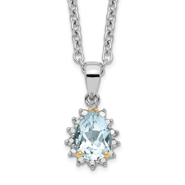 Brilliant Gemstones Sterling Silver with 14K Accent Rhodium-plated Sky Blue Topaz and Diamond Necklace with Extender, 20 x 10mm