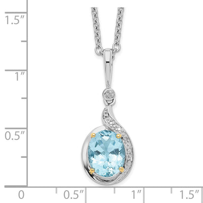 Brilliant Gemstones Sterling Silver with 14K Accent Rhodium-plated Sky Blue Topaz and Diamond Necklace with Extender, 20 x 12mm